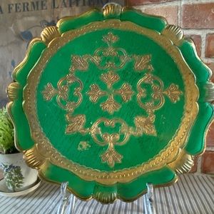 Italian Florentine Scalloped Edge Tray - Tole Green & Gold